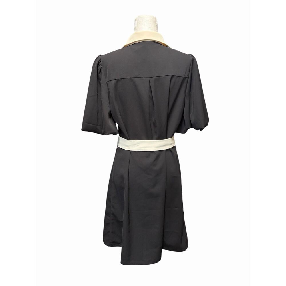 NWOT Karen Millen Belted Twill Dress Black Cream Piping Puff Sleeve US 12 - Picture 3 of 5